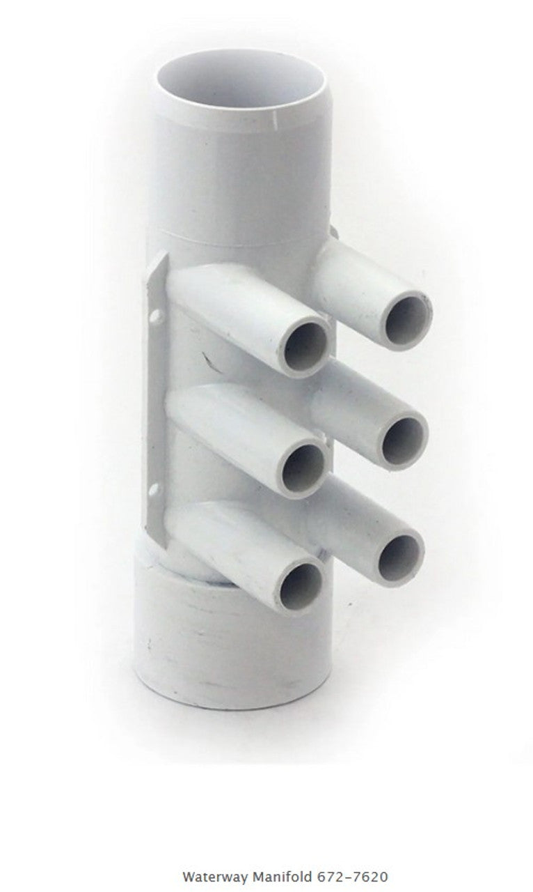 Waterway Manifold, PVC, ShurGrip II, 2"SHR x 2"SHR Socket x (6) 3/4" SB Ports
