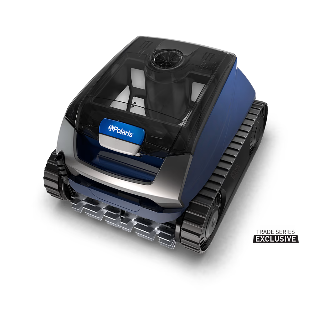 Polaris EPIC 8640 robotic pool cleaner, three-quarter view with clear canister lid