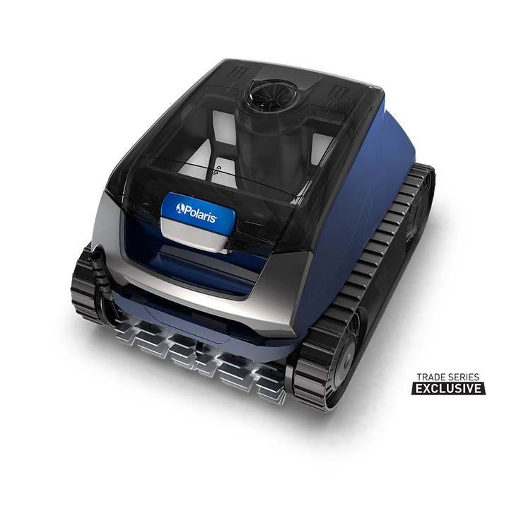 Polaris EPIC 8640 robotic pool cleaner, three-quarter view with clear canister lid