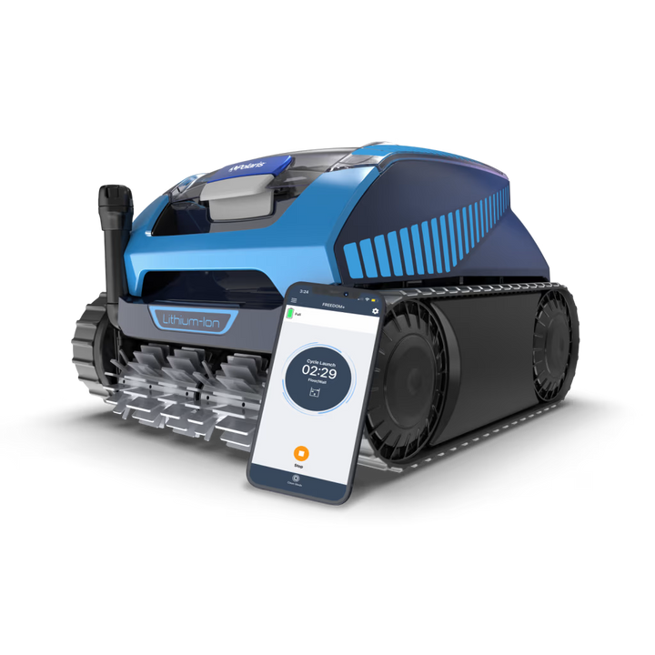 Polaris FREEDOM Plus robotic cleaner with the iAquaLink app on a smartphone