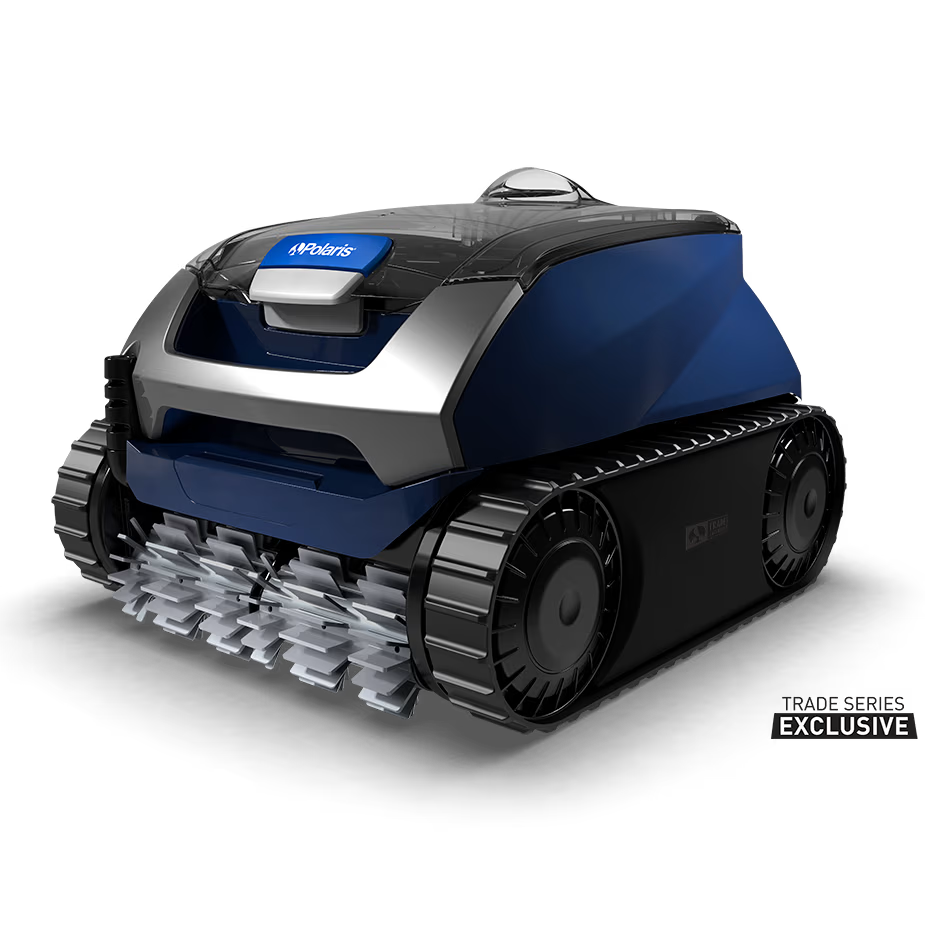 Polaris EPIC 8640 robotic pool cleaner, front view showing Double Helix brushes