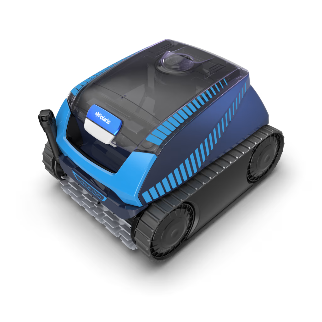 Polaris FREEDOM Plus robotic cleaner, rear three-quarter view showing the top canister lid