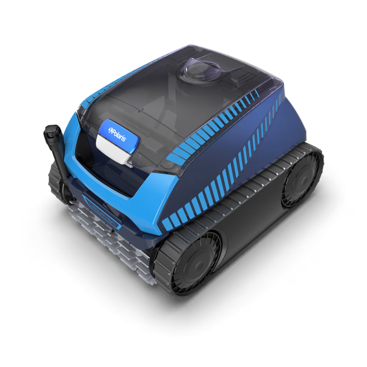 Polaris FREEDOM Plus robotic cleaner, rear three-quarter view showing the top canister lid