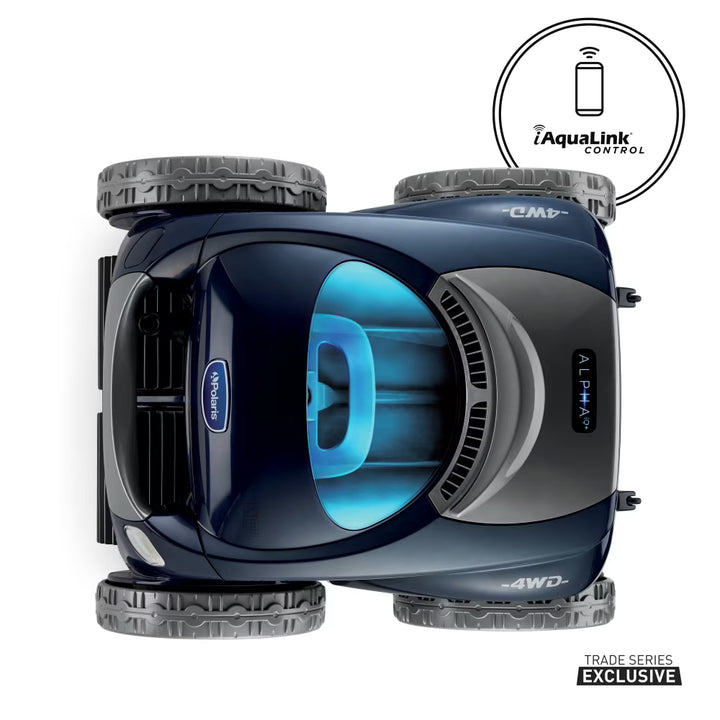 Polaris ALPHA iQ+ robotic pool cleaner, top view showing the lighted canister