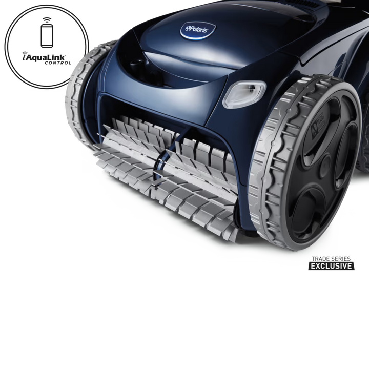 Polaris ALPHA iQ robotic pool cleaner, close-up of front brush and wheels