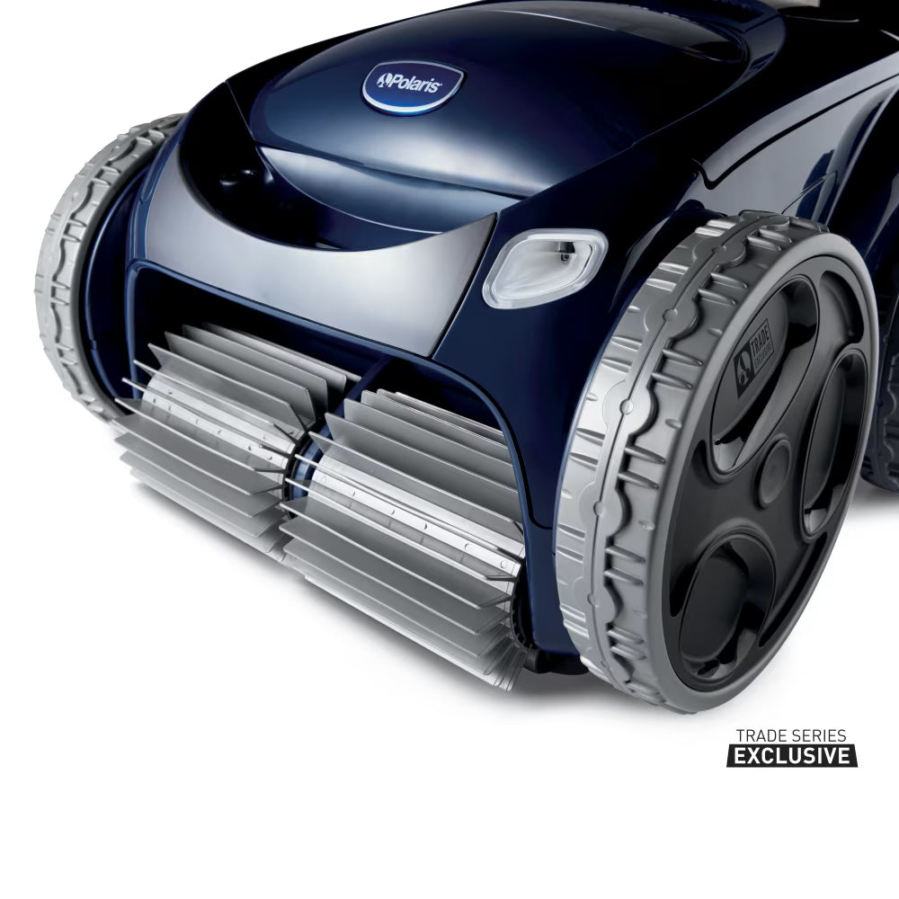 Polaris ALPHA iQ+ robotic pool cleaner, close-up of front brush and wheels