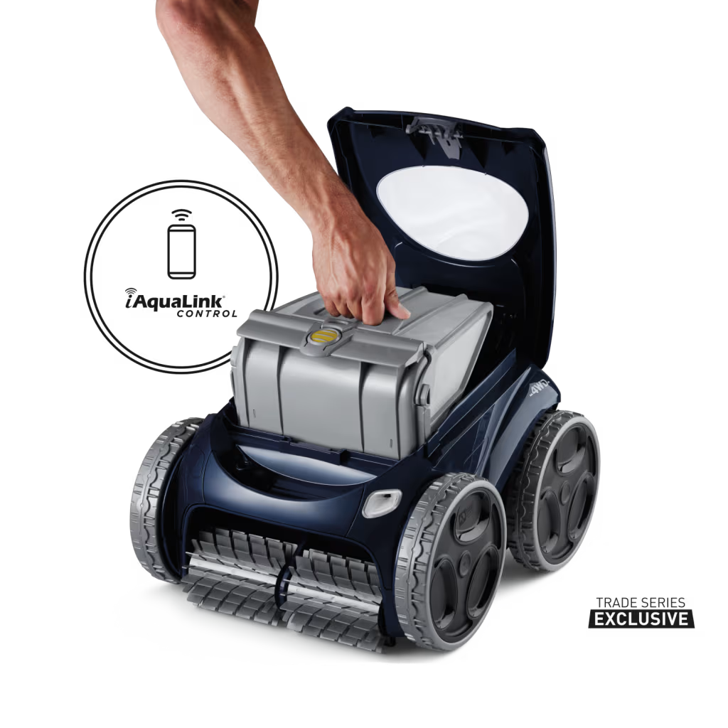 Lifting the 5 L filter canister out of the Polaris ALPHA iQ robotic pool cleaner