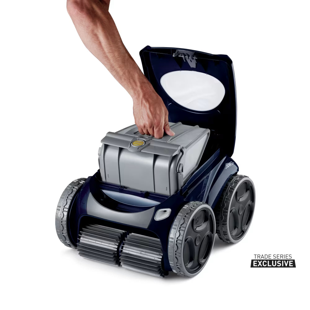 Lifting the 5 L filter canister out of the Polaris ALPHA iQ+ robotic pool cleaner