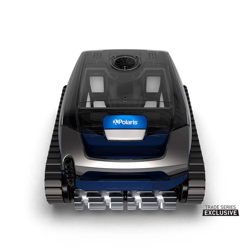 Polaris EPIC 8640 robotic pool cleaner, front view with clear lid