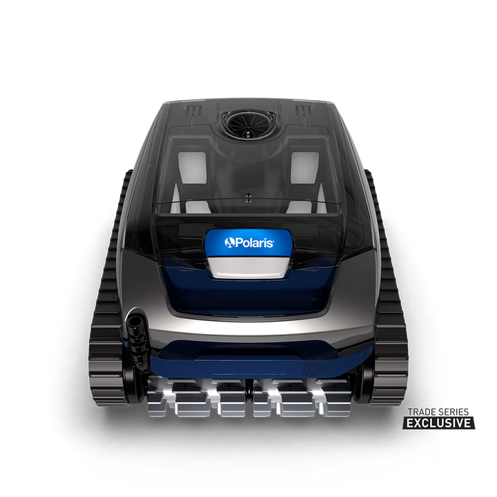 Polaris EPIC 8640 robotic pool cleaner, front view with clear lid