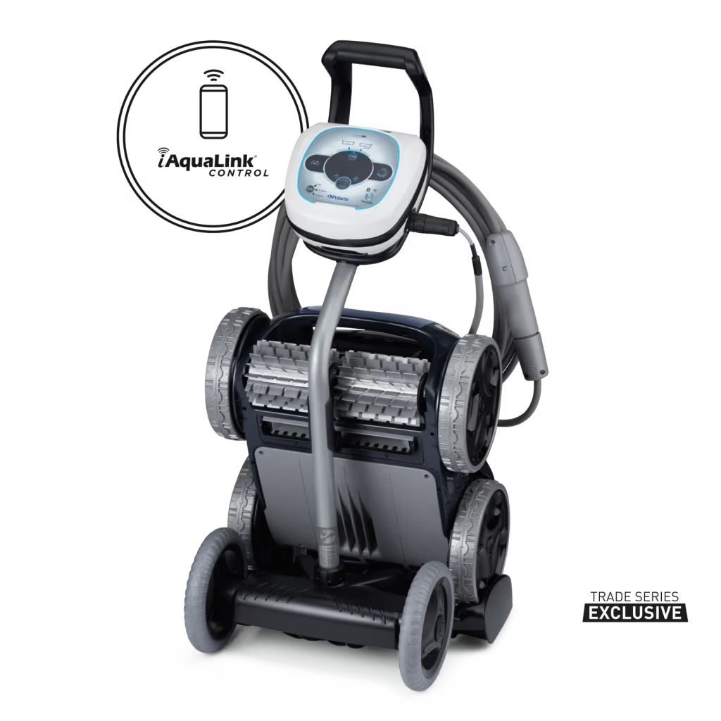 Polaris ALPHA iQ robotic pool cleaner stored on its caddy with control box