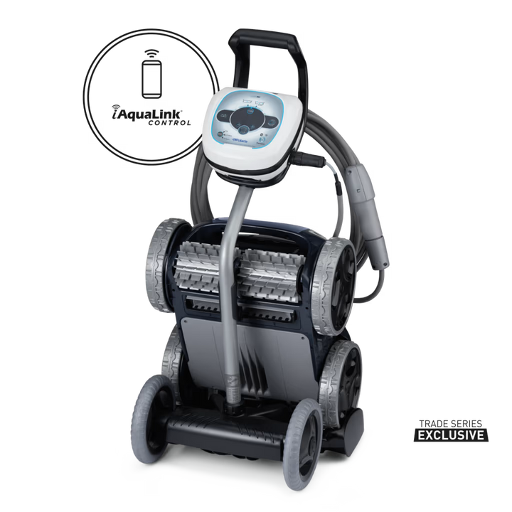 Polaris ALPHA iQ robotic pool cleaner stored on its caddy with control box