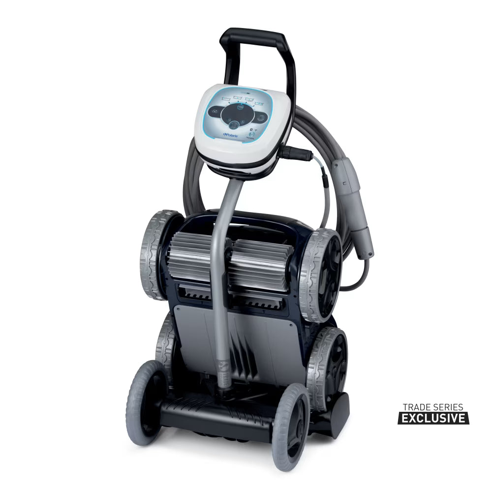 Polaris ALPHA iQ+ robotic pool cleaner stored on its caddy with control box