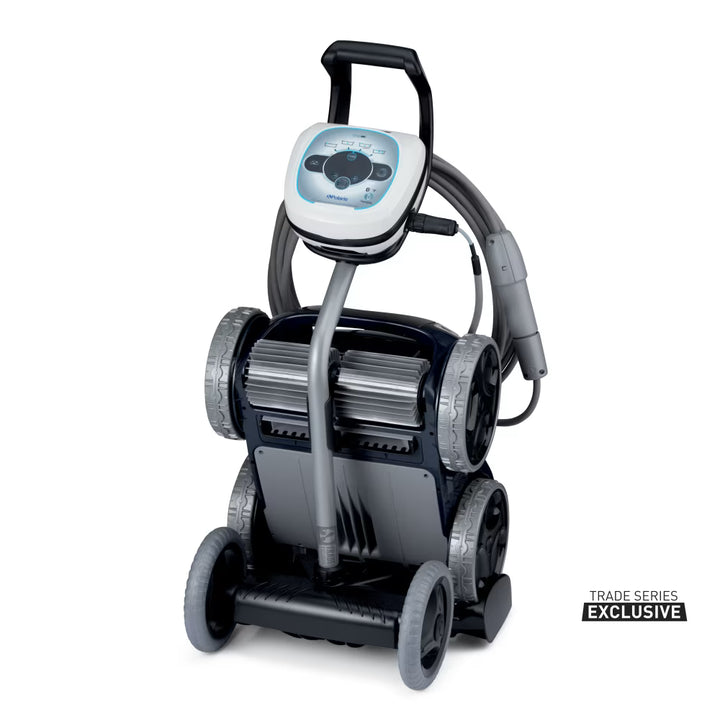 Polaris ALPHA iQ+ robotic pool cleaner stored on its caddy with control box