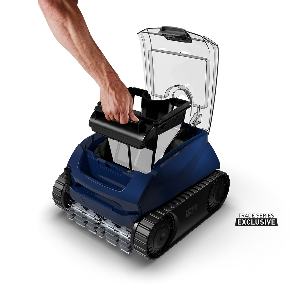 Lifting the 4 L filter canister out of the Polaris EPIC 8520 robotic pool cleaner