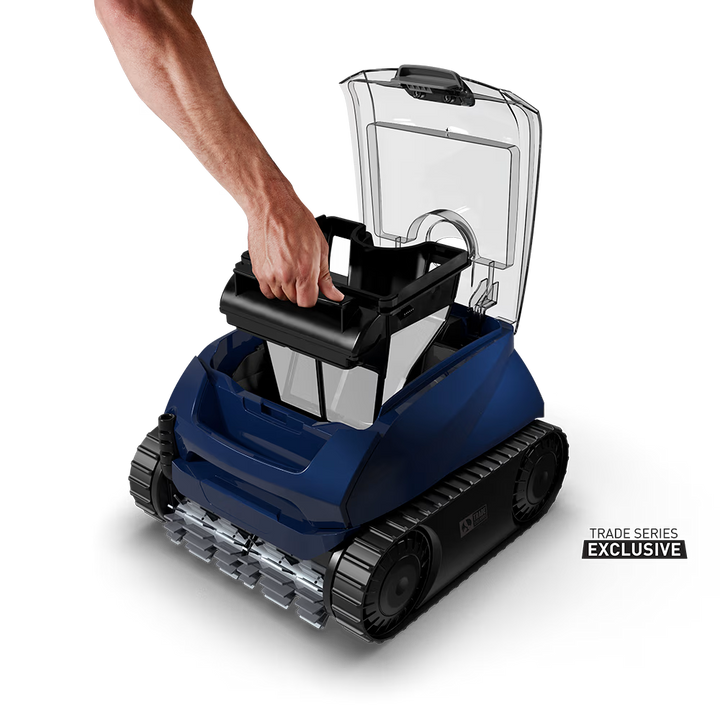 Lifting the 4 L filter canister out of the Polaris EPIC 8520 robotic pool cleaner