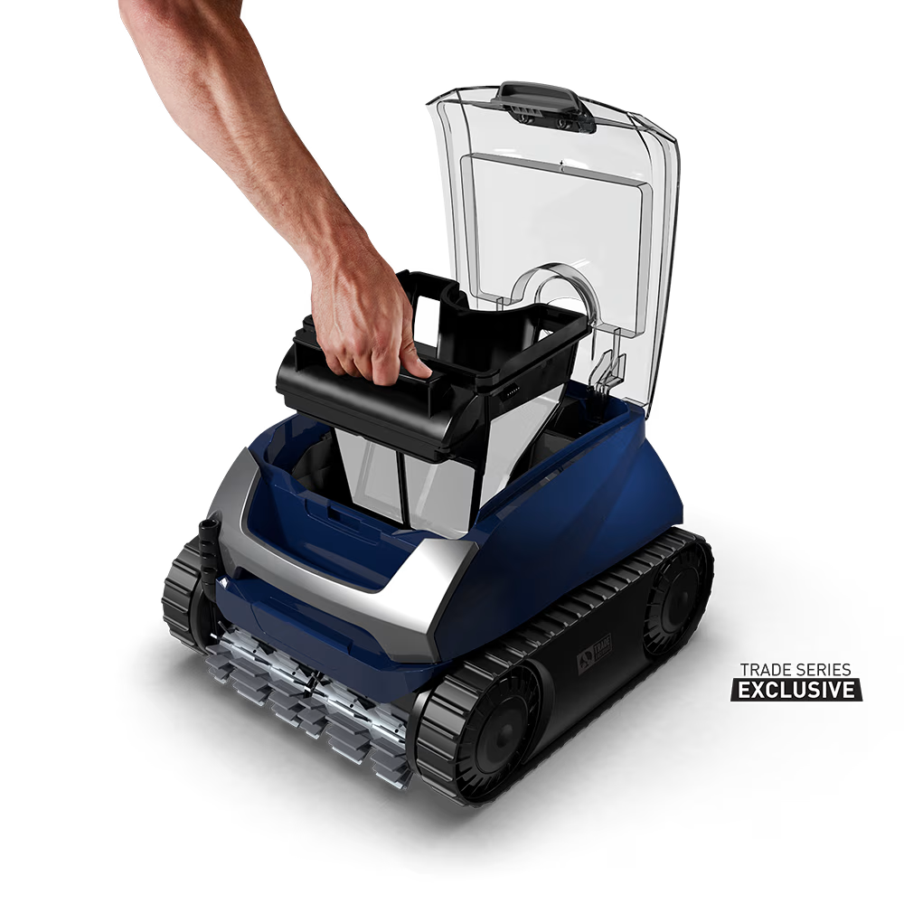 Lifting the 4 L filter canister out of the Polaris EPIC 8640 robotic pool cleaner