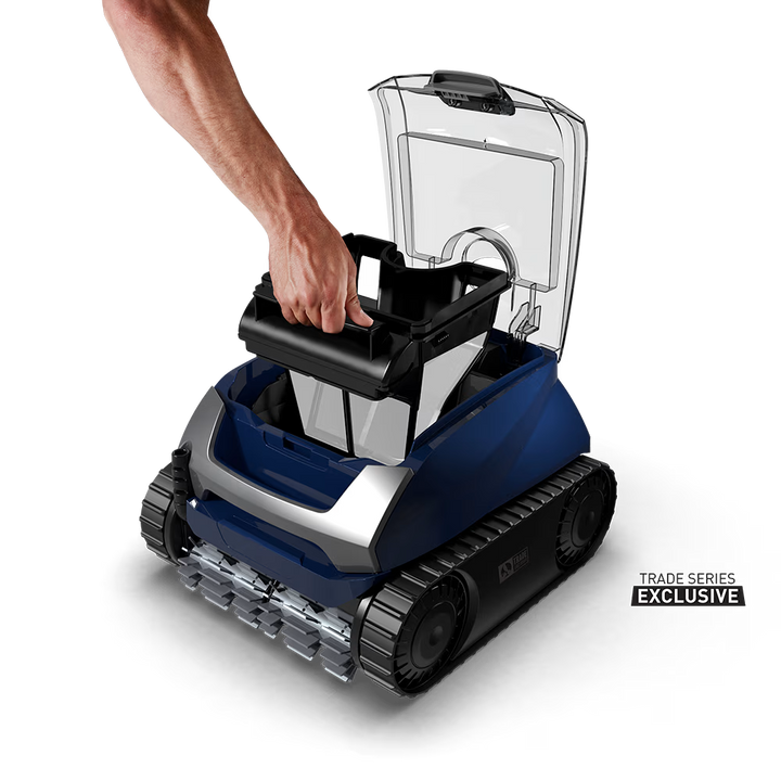Lifting the 4 L filter canister out of the Polaris EPIC 8640 robotic pool cleaner
