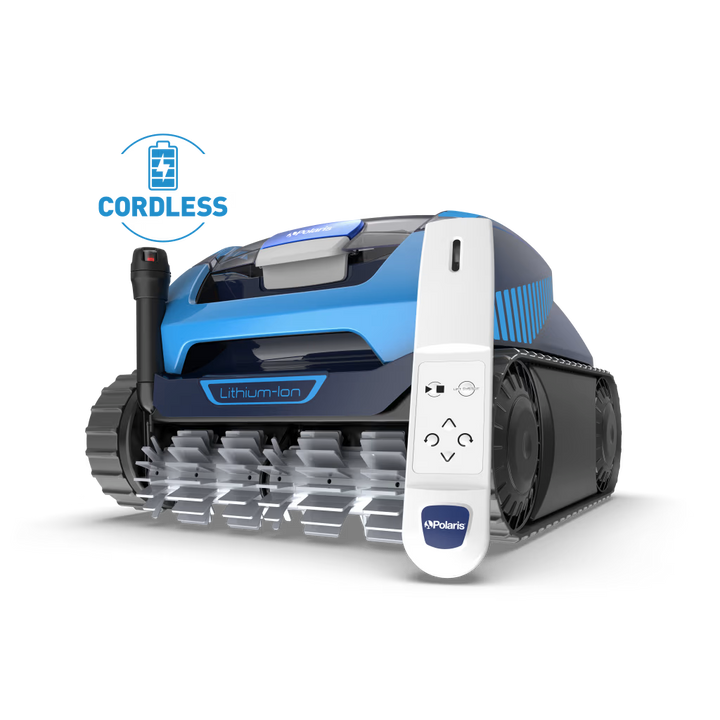 Polaris FREEDOM Plus cordless robotic cleaner with handheld remote, front-right view