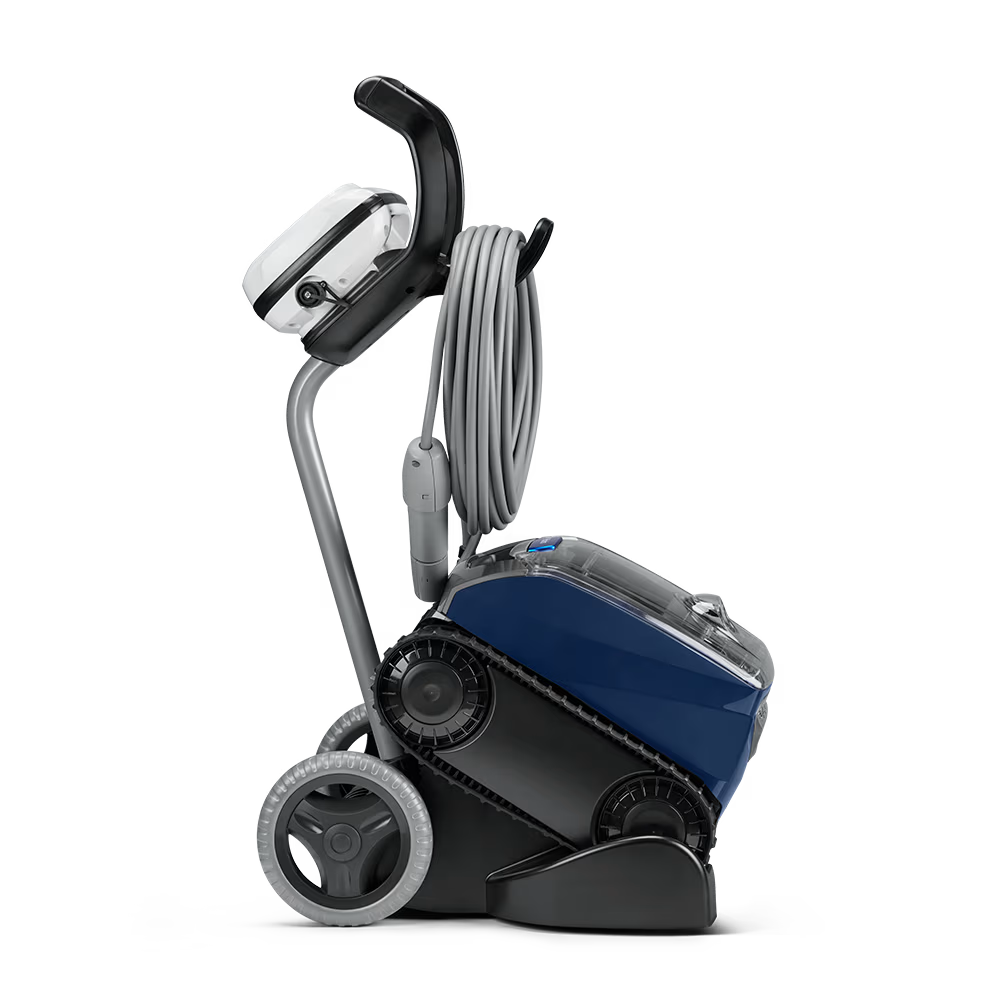 Polaris EPIC 8640 robotic pool cleaner on its premium transport caddy with cable