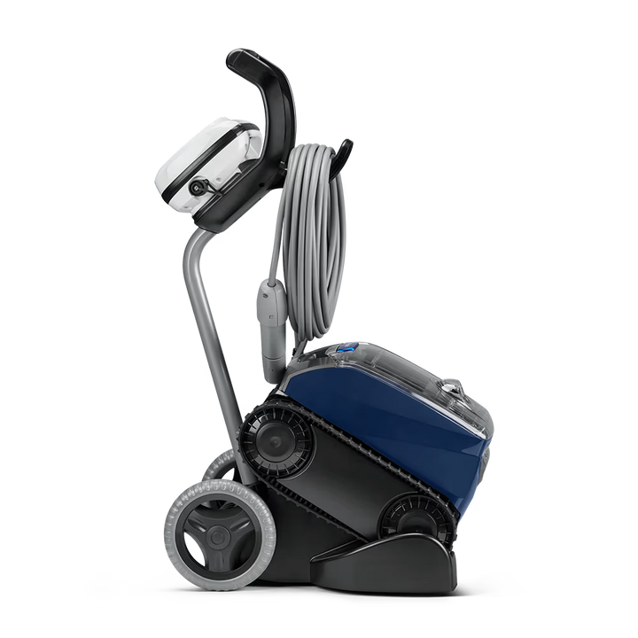 Polaris EPIC 8640 robotic pool cleaner on its premium transport caddy with cable