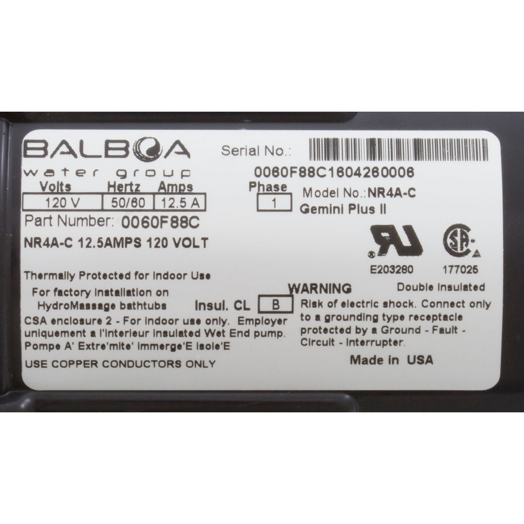 Balboa 0060F88C Spa Pump, Bath Pump, BWG Gemini Plus II, 1.5hp, 115v, 1-1/2", 12.5A, w/Air Switch, OEM