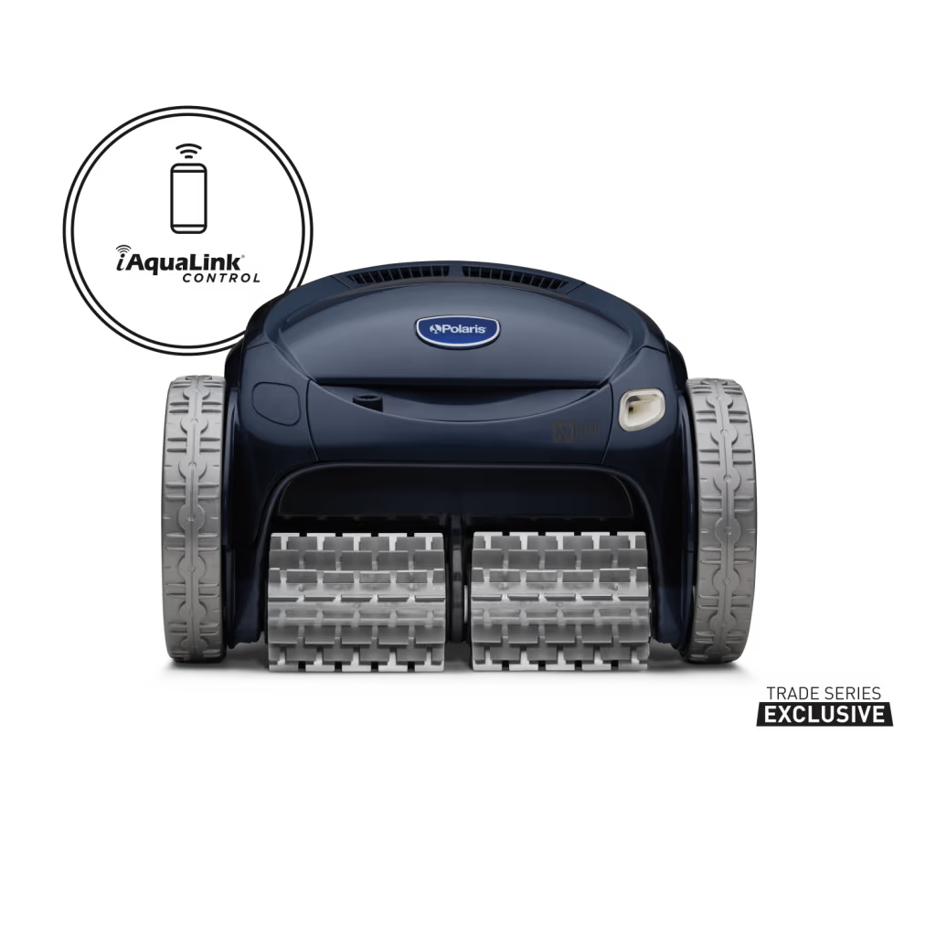 Polaris ALPHA iQ robotic pool cleaner, front view showing pleated brush