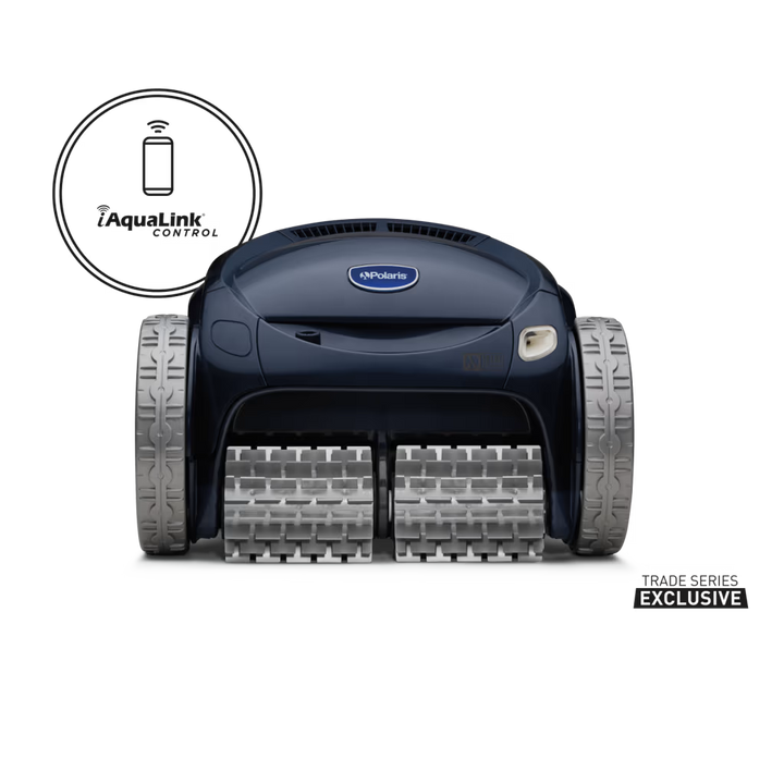 Polaris ALPHA iQ robotic pool cleaner, front view showing pleated brush