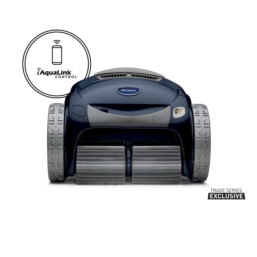 Polaris ALPHA iQ+ robotic pool cleaner, front view showing pleated brush