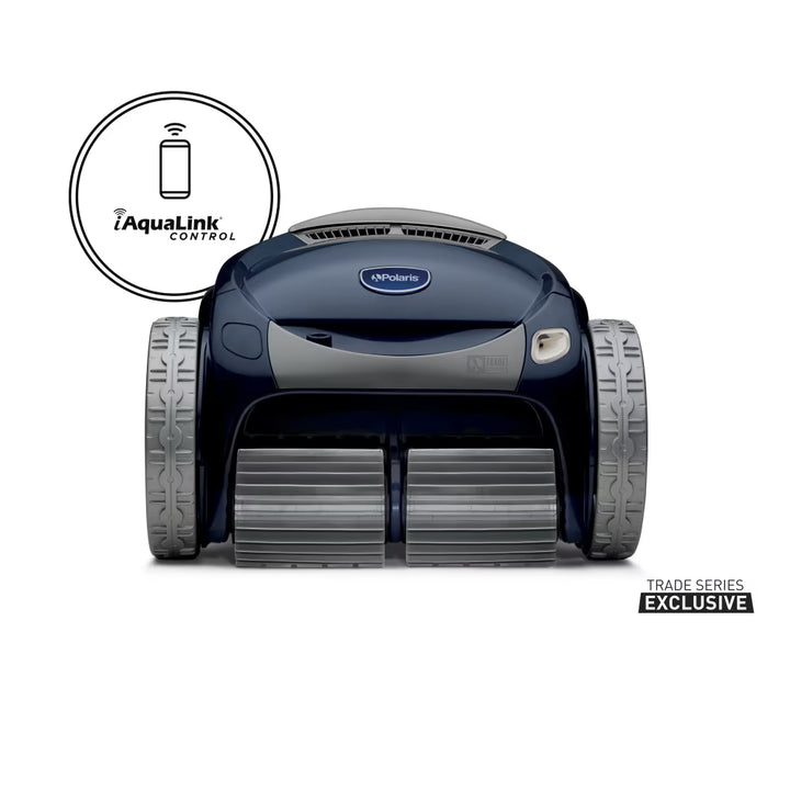 Polaris ALPHA iQ+ robotic pool cleaner, front view showing pleated brush