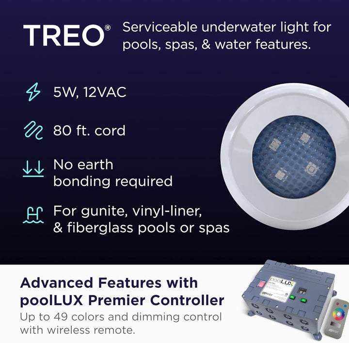 S.R.Smith FLED-C-TR Treo LED Pool Light – 12 Volt White or Color Changing Underwater Lighting for Inground Pools and Spas – Compatible with PoolLUX Light Control