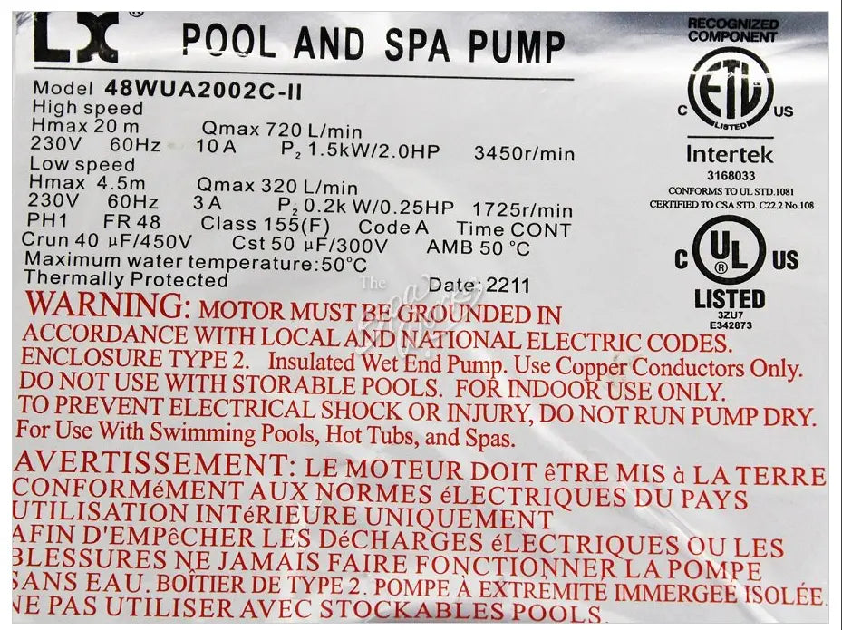 Hydro-Quip 10-48WUA2002 LX 48WUA 230V 2 Speed Pump