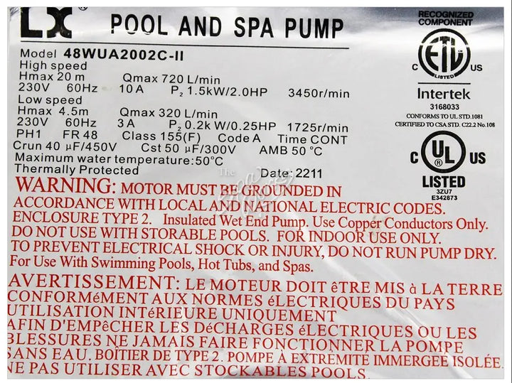 Hydro-Quip 10-48WUA2002 LX 48WUA 230V 2 Speed Pump