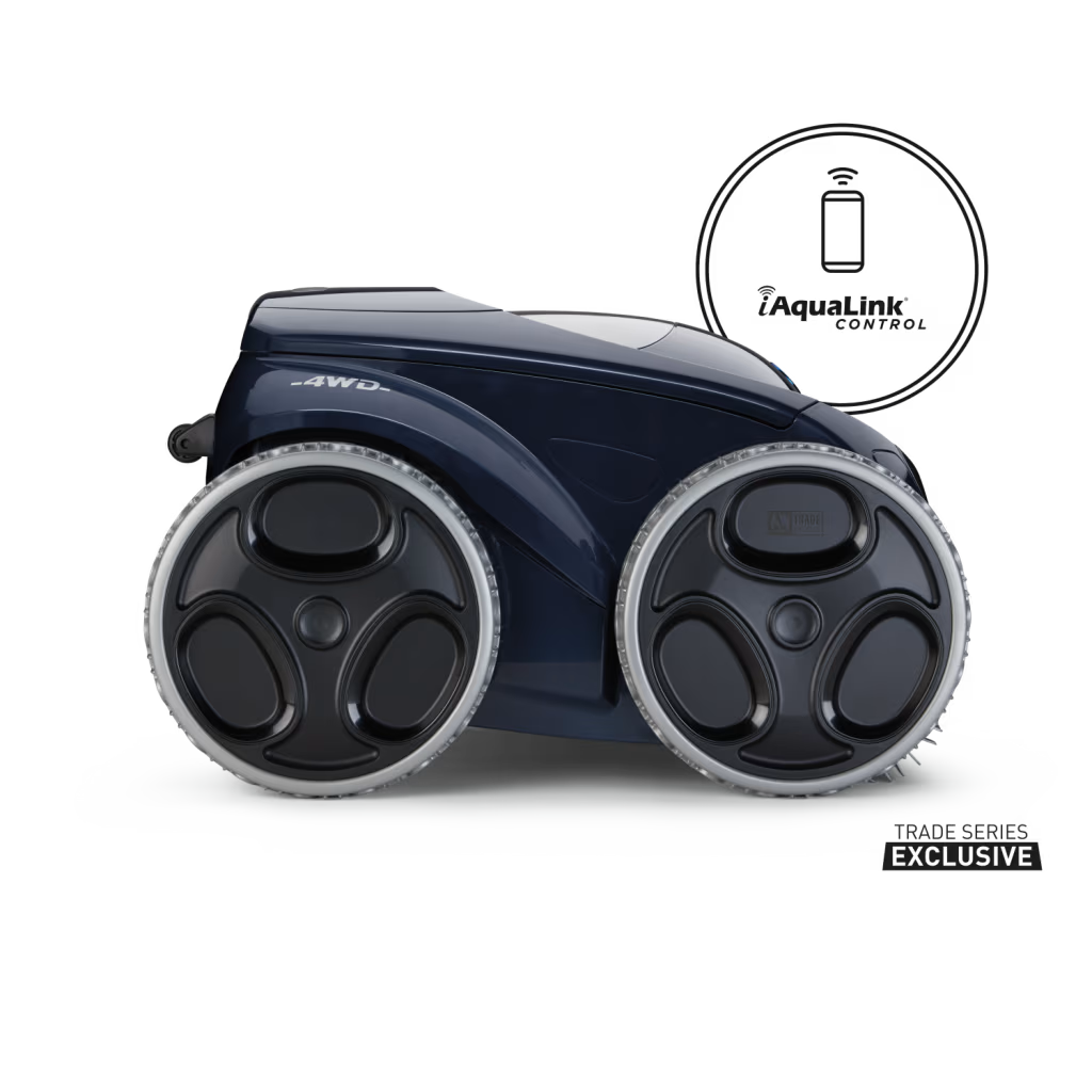 Polaris ALPHA iQ robotic pool cleaner, side view showing 4WD wheels