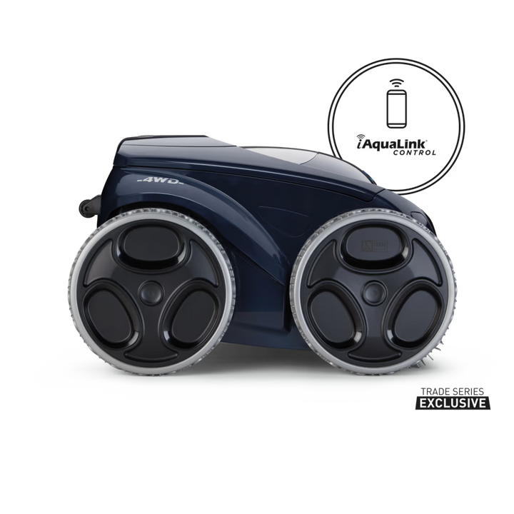 Polaris ALPHA iQ robotic pool cleaner, side view showing 4WD wheels