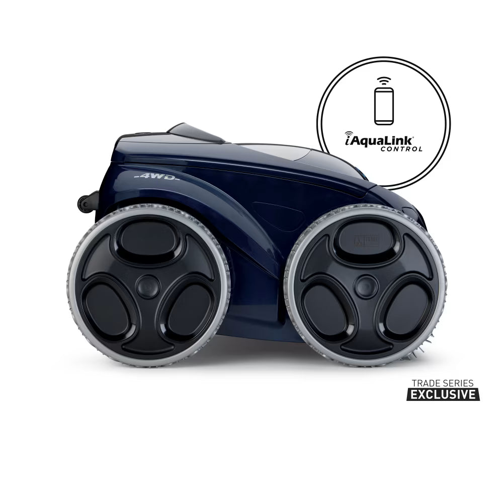 Polaris ALPHA iQ+ robotic pool cleaner, side view showing 4WD wheels