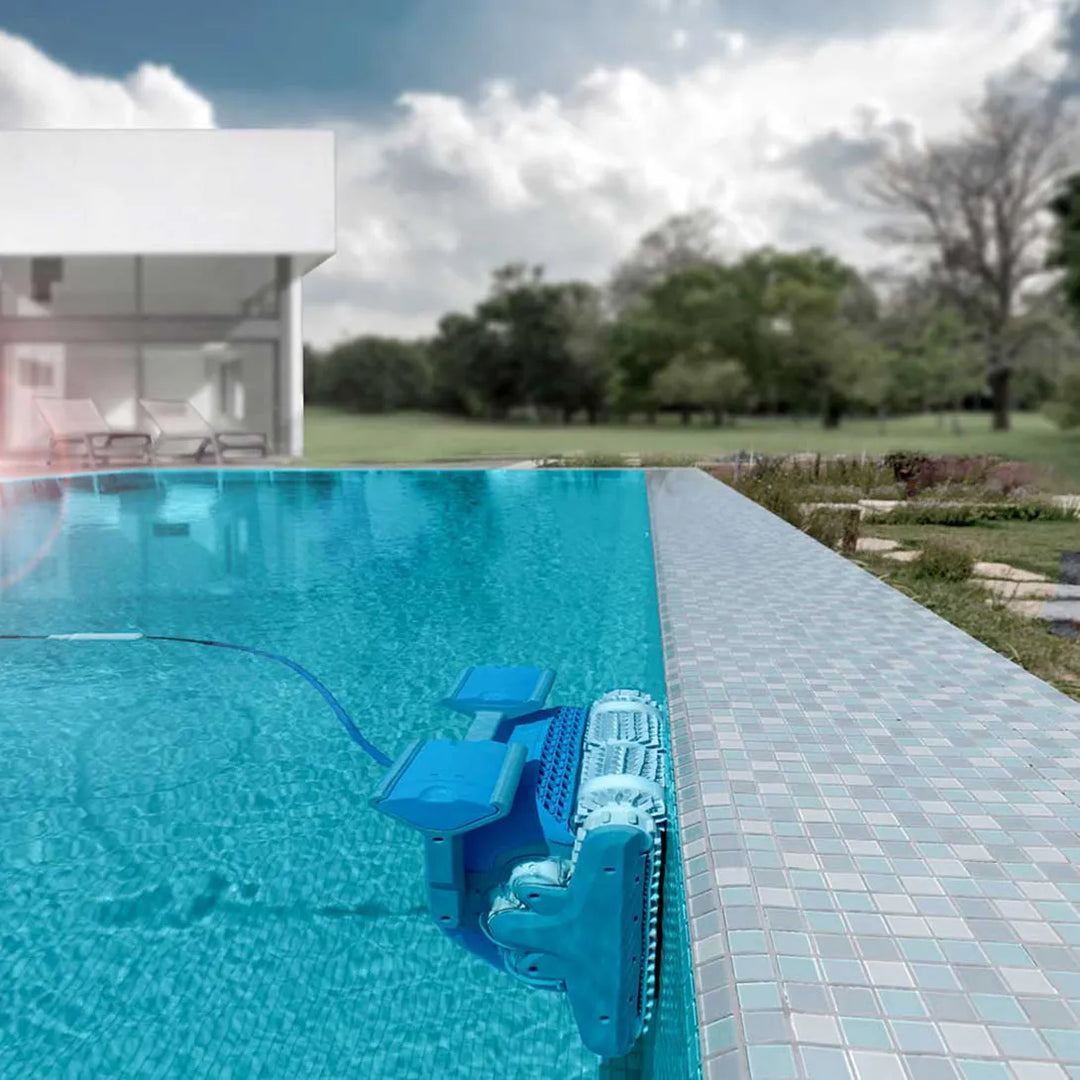Dolphin M400 Deluxe robotic pool cleaner cleaning the waterline of an in-ground pool