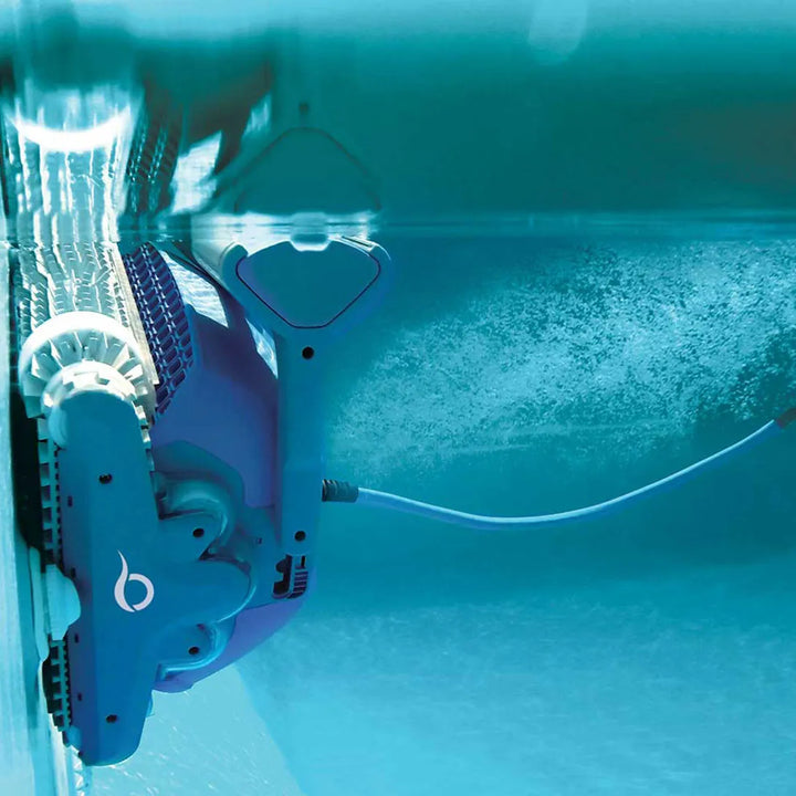 Dolphin M400 Deluxe robotic pool cleaner climbing a pool wall underwater