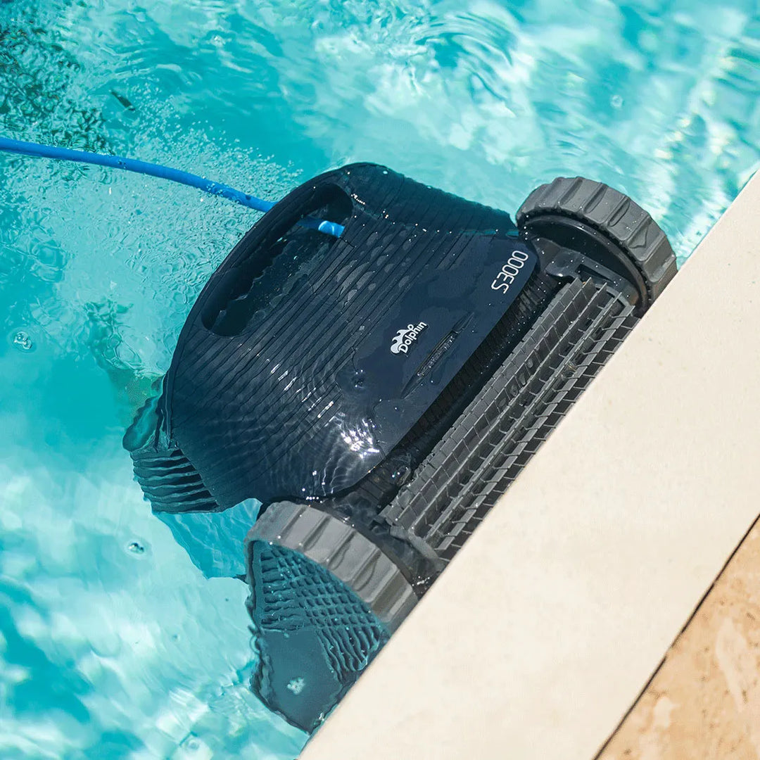 Dolphin S3000 Deluxe robotic pool cleaner climbing a pool wall