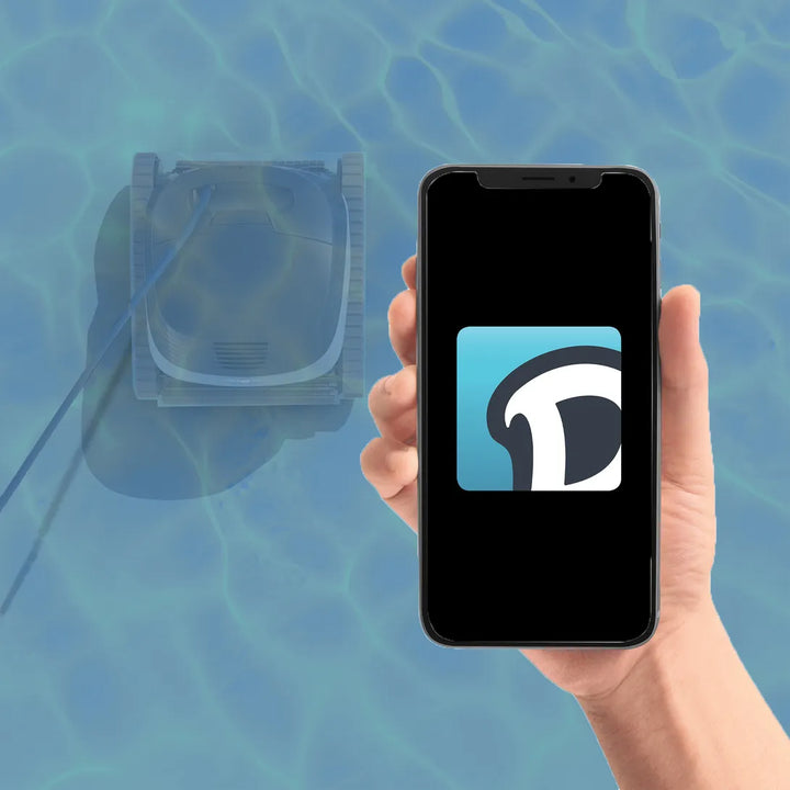 Dolphin S3000 Deluxe robotic pool cleaner with the MyDolphin Plus app on a phone