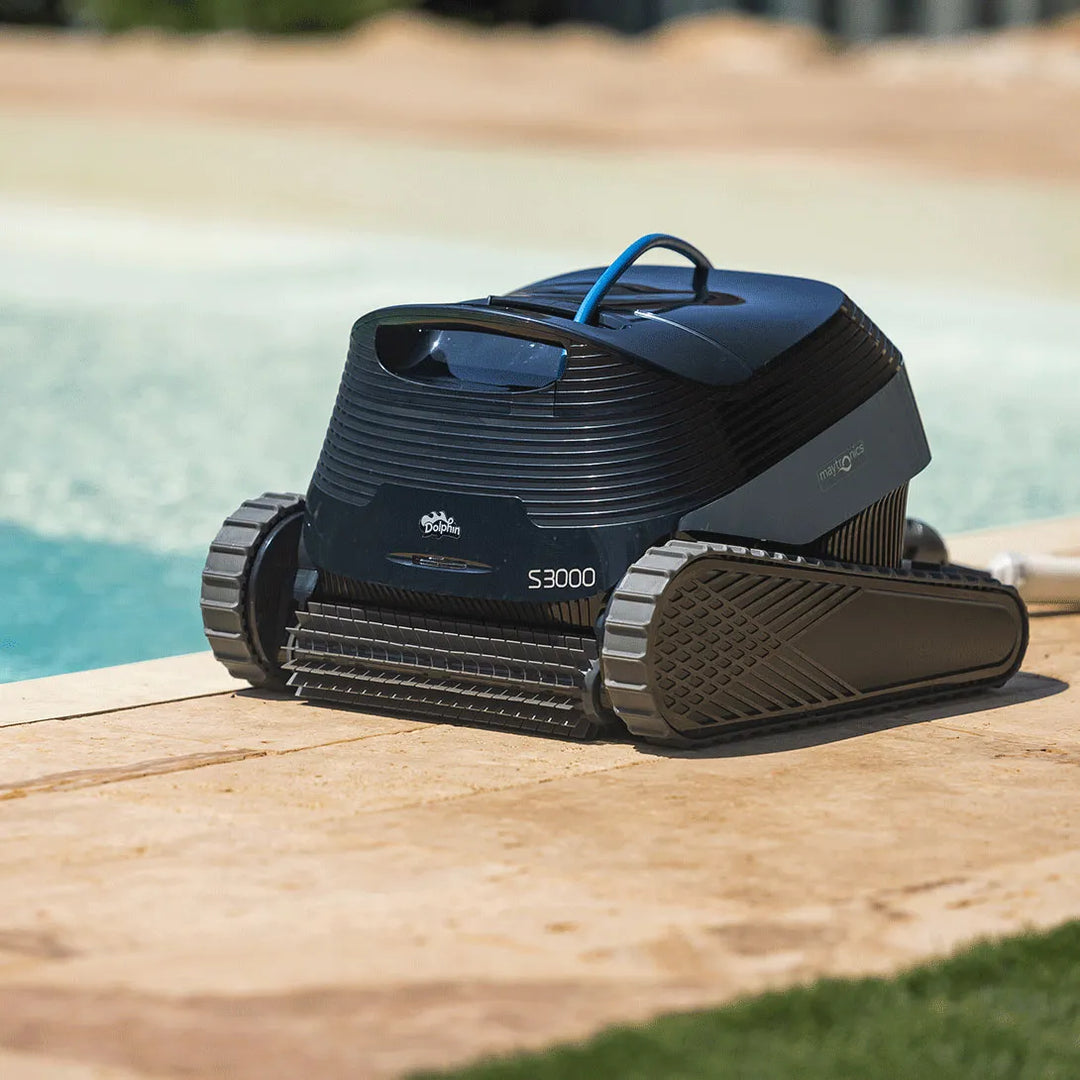 Dolphin S3000 Deluxe robotic pool cleaner on the pool deck