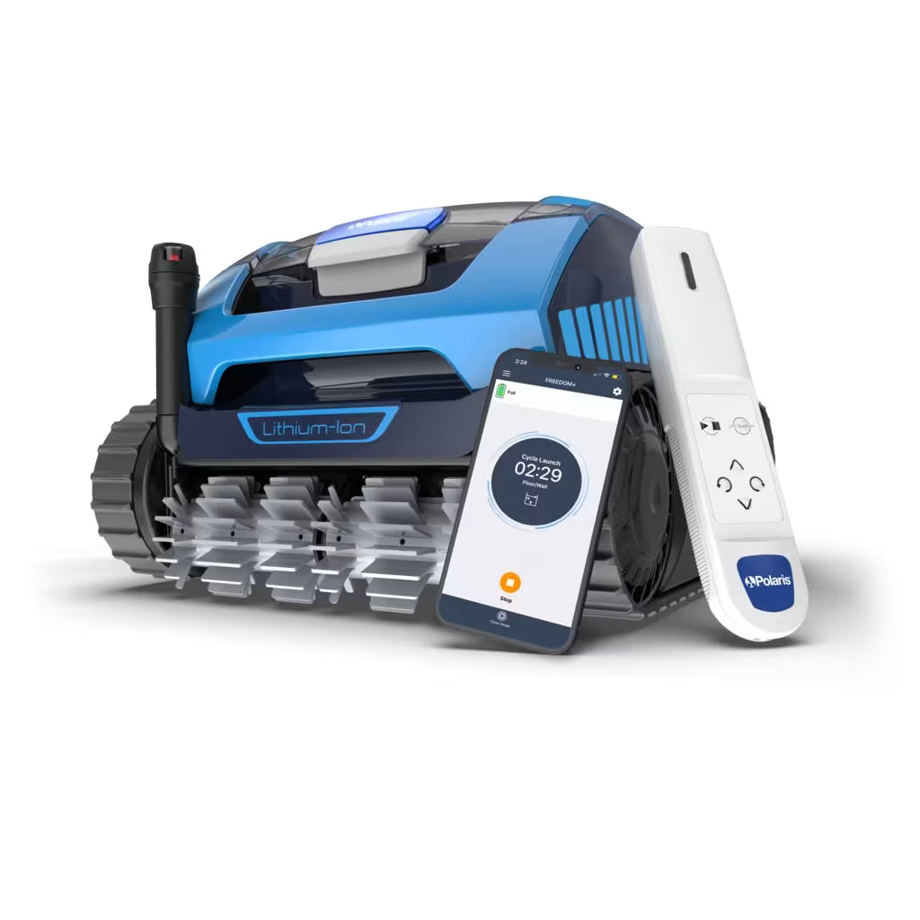 Polaris FREEDOM Plus cordless robotic pool cleaner with LiFi handheld remote and iAquaLink app on a phone