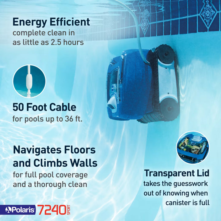 Polaris 7240 Sport climbing a pool wall: cleans in as little as 2.5 hours, 50 ft cable, transparent lid
