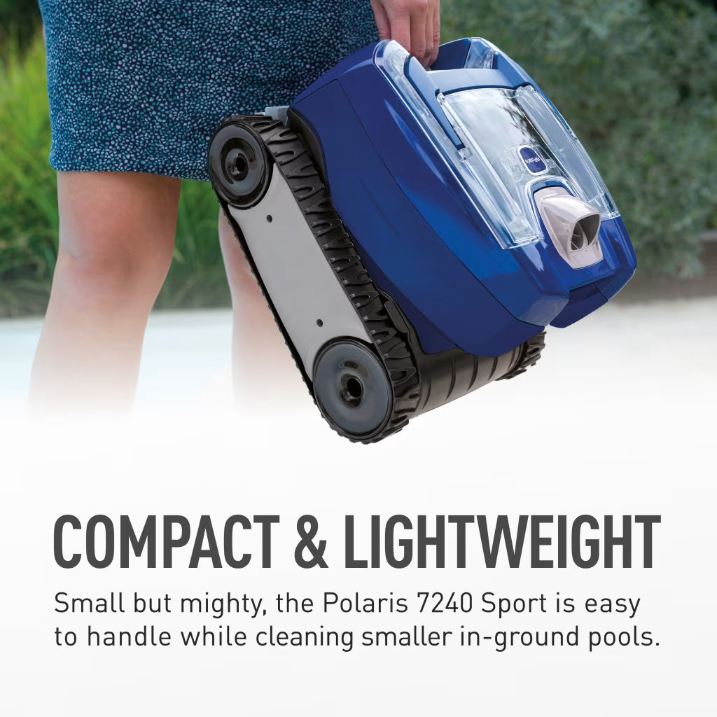 Person carrying the compact, lightweight Polaris 7240 Sport robotic pool cleaner by its handle