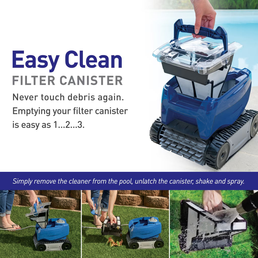 Polaris 7240 Sport Easy Clean filter canister: lift out, unlatch, shake and spray