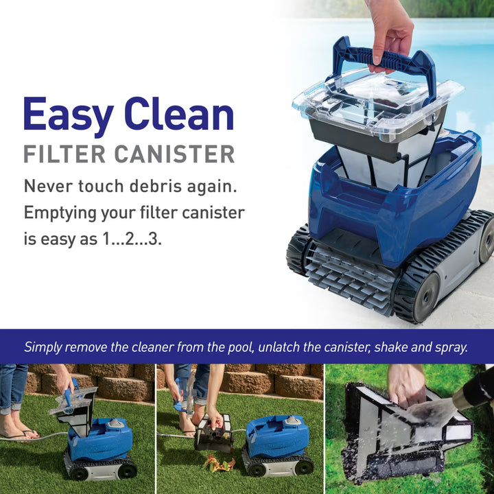 Polaris 7240 Sport Easy Clean filter canister: lift out, unlatch, shake and spray