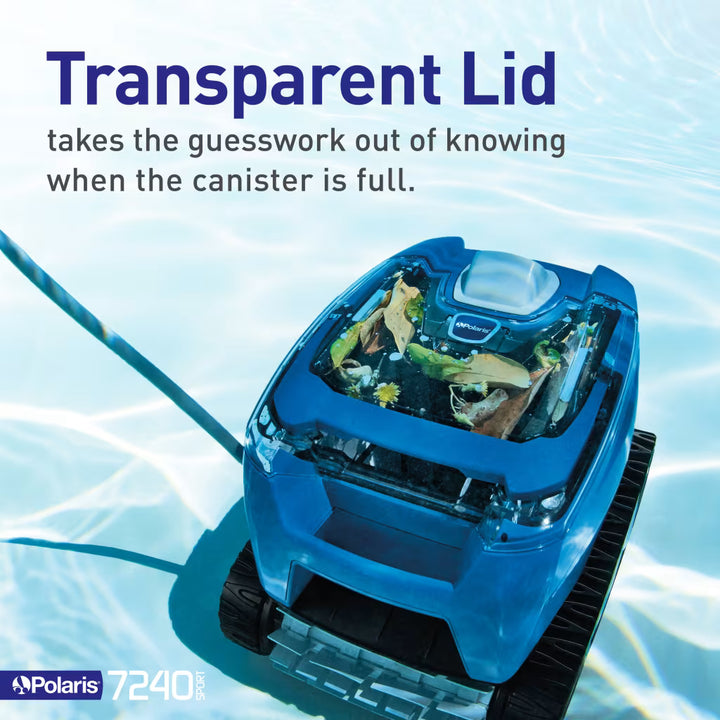 Polaris 7240 Sport underwater showing debris through the transparent canister lid