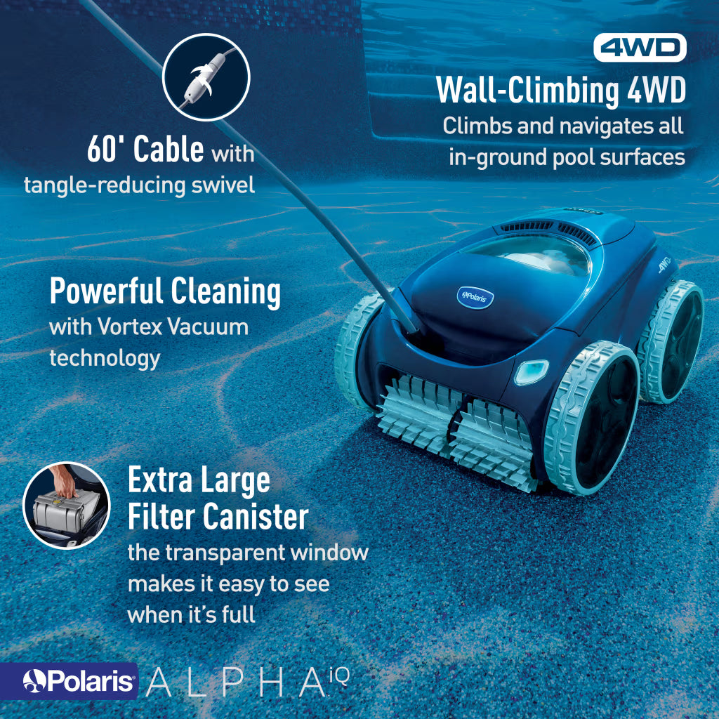 ALPHA iQ features: 4WD wall climbing, 60 ft swivel cable, Vortex vacuum, extra-large filter canister