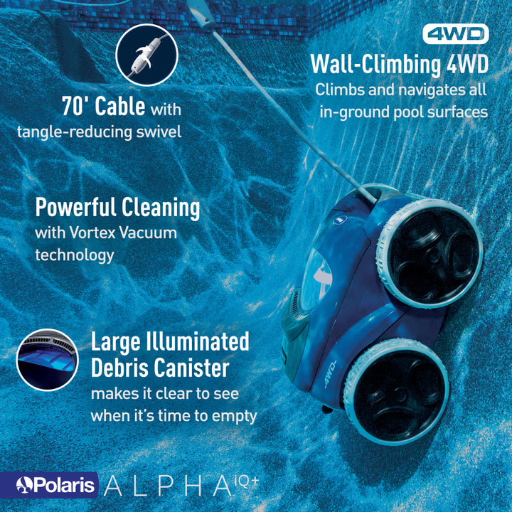ALPHA iQ+ features: 4WD wall climbing, 70 ft swivel cable, Vortex vacuum, large illuminated debris canister