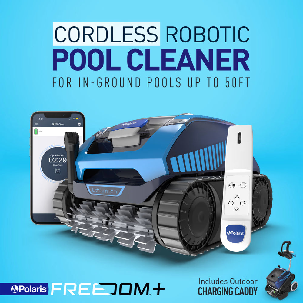 Polaris FREEDOM Plus cordless robotic cleaner for in-ground pools up to 50 ft, shown with remote, app and outdoor charging caddy